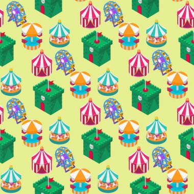 Sirk izometrik eğlence çadırı kayan yazı Dikişsiz desen arka plan açık Festivali çizgili ve bayrakları karnaval işaretleri göster