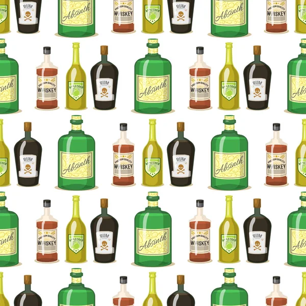 Alcohol sterke dranken in flessen cartoon glazen naadloze patroon achtergrond whiskey cognac brandy wijn vectorillustratie — Stockvector