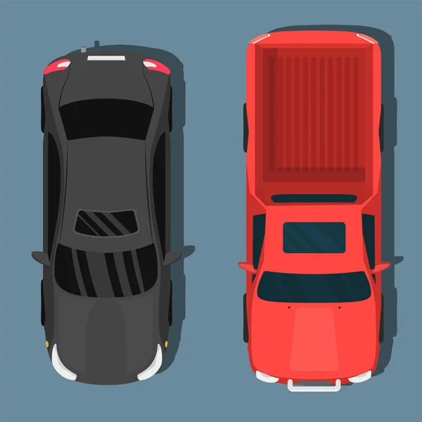 Top vue coloré voiture jouets pick-up automobile transport roue conception illustration vectorielle automatique . — Image vectorielle