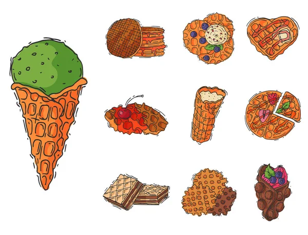 Různé oplatky sušenky bláboly koláče pečivo sušenky cookie lahodný zákusek smetanový dezert křupavé pekařství jídlo vektorové ilustrace — Stockový vektor