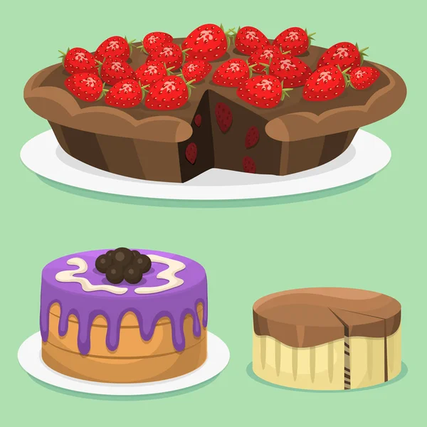 Bolo de desenhos animados fresco saboroso sobremesa doce pastelaria torta vetor ilustração gourmet caseiro delicioso —  Vetores de Stock