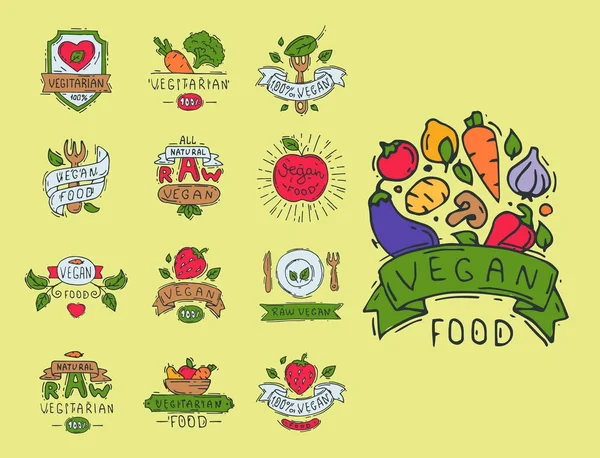 Stile disegnato a mano di bio biologico eco sano cibo etichetta vegan vegetale vettore illustrazione vegetariano naturale fattoria segno . — Vettoriale Stock
