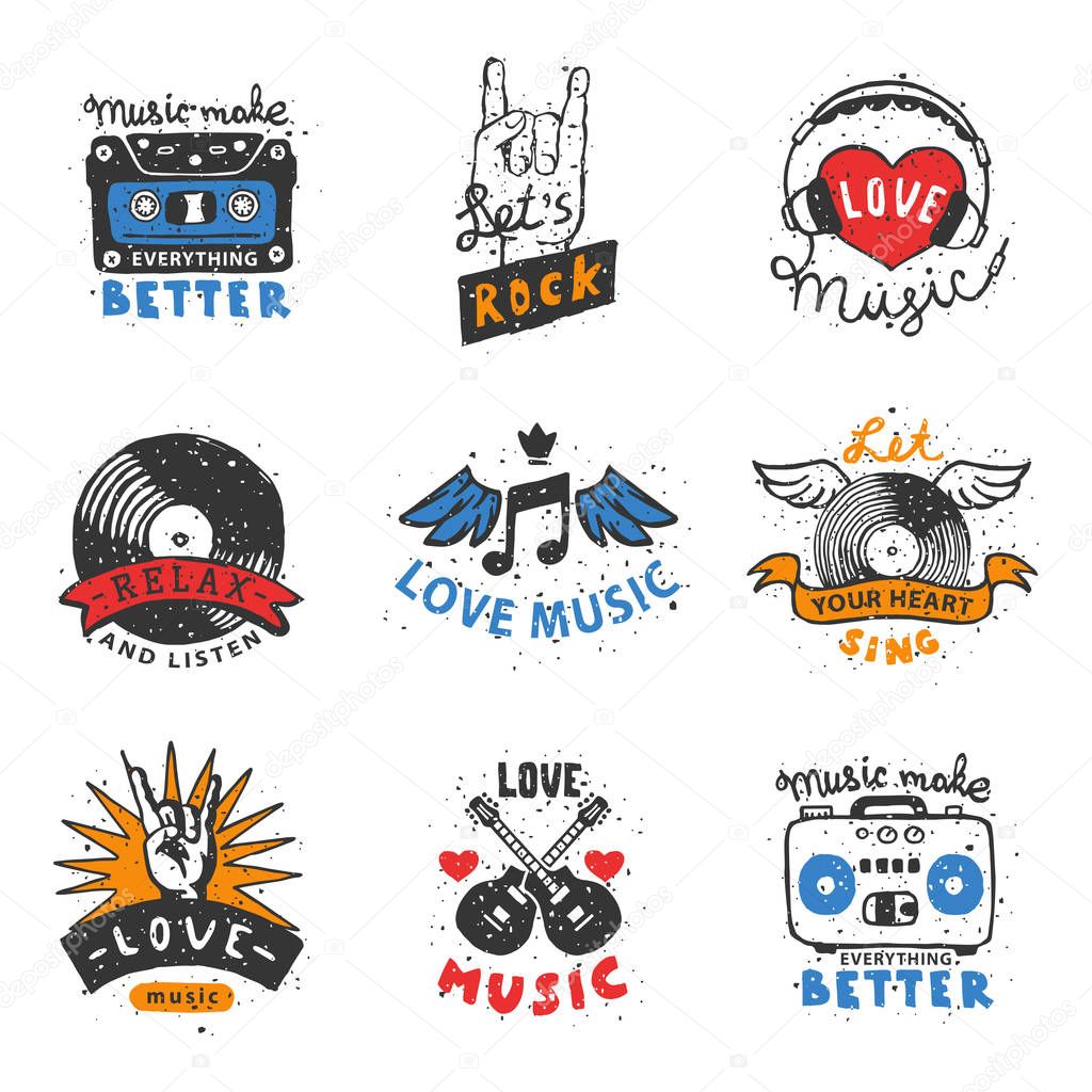 Set of vintage musical labels hand drawn templates love musical elements for design vector illustration. Hipster recording insignia concert audio stamp.