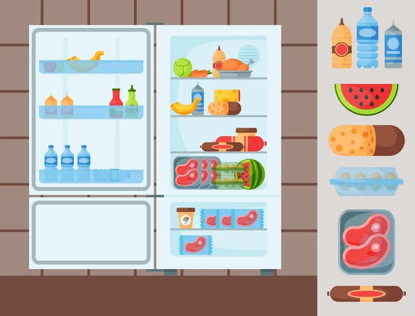 Refrigerador alimentos orgánicos utensilios de cocina utensilios de uso doméstico nevera aparato congelador vector ilustración . — Archivo Imágenes Vectoriales