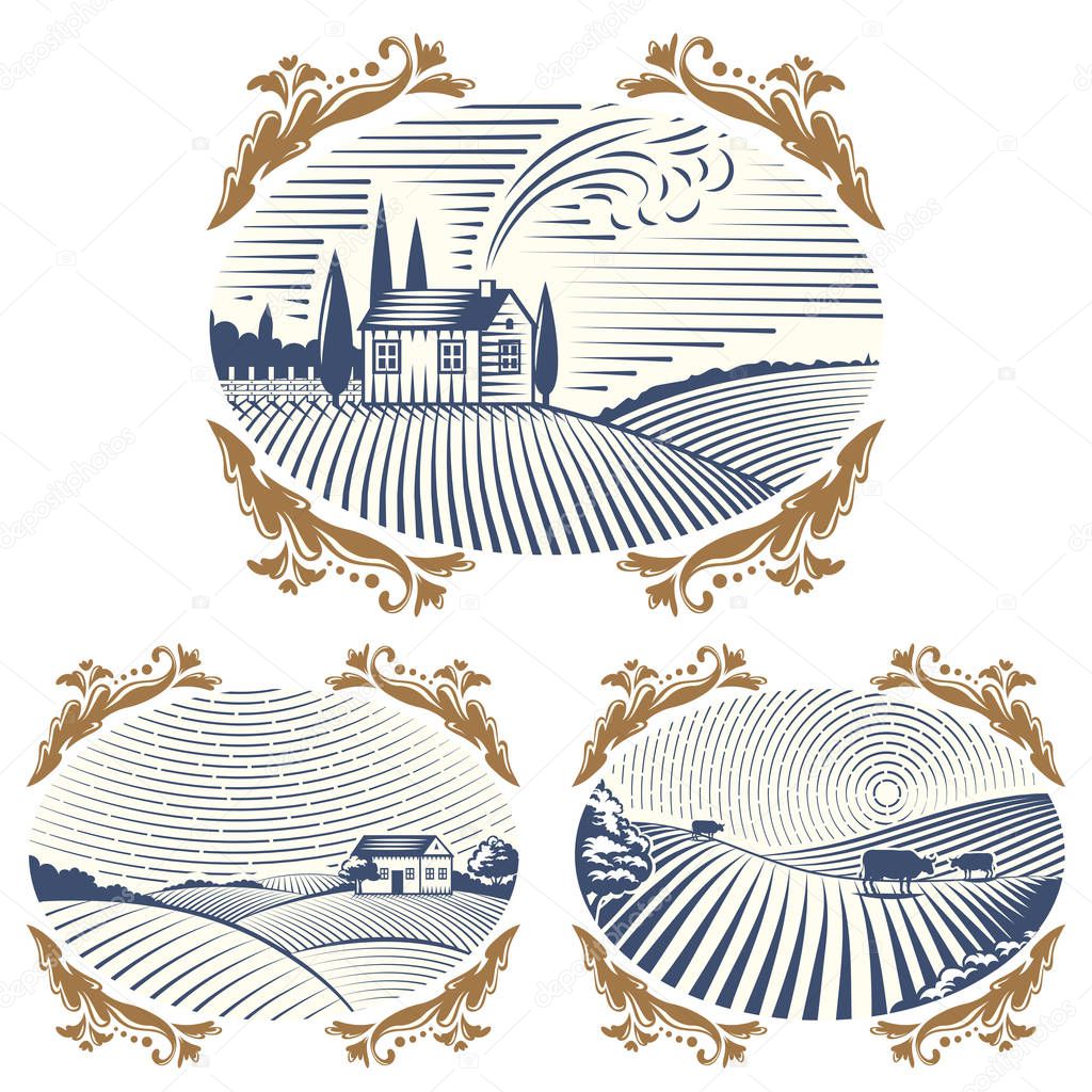 Retro landscapes vector illustration farm house agriculture graphic countryside scenic antique drawing.