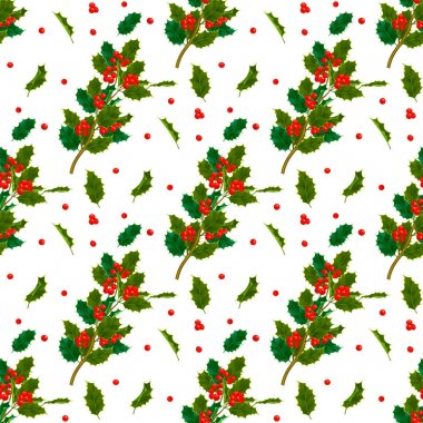 Noel dekoratif yaprakları holly ve dalları kırmızı meyveler evergreen kış çiçek çiçek bitki Dikişsiz desen arka plan vektör çizim ile
