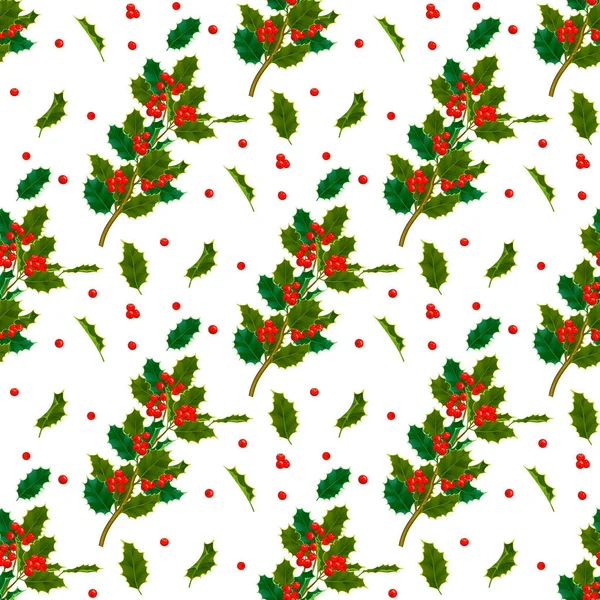 Weihnachten dekorative Blätter Stechpalme und Zweige mit roten Beeren immergrüne Winterblume Blumen Pflanze nahtlose Muster Hintergrund Vektor Illustration — Stockvektor