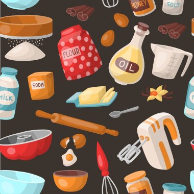 Pasta pişirme vektör malzemeler kek yapma kek yemek pişirme mutfak mutfak eşyaları ev yapımı yiyecek hazırlama tasarlayacağım illüstrasyon kase, şeker, toz Dikişsiz desen arka plan hazırlamak
