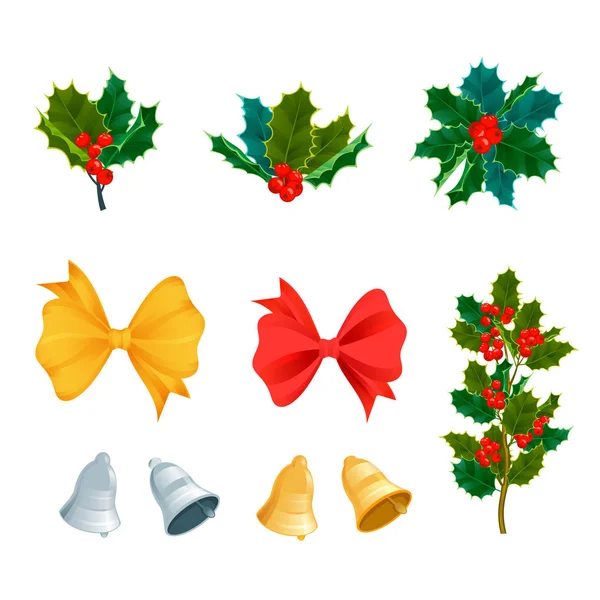 Weihnachten dekorative Blätter Stechpalme und Zweige mit roten Beeren immergrüne Winterblume Blumen Pflanzenvektor Illustration — Stockvektor
