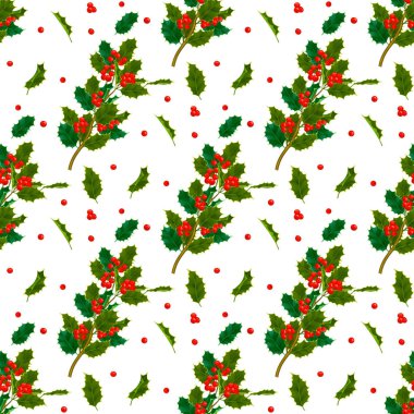 Noel dekoratif yaprakları holly ve dalları kırmızı meyveler evergreen kış çiçek çiçek bitki Dikişsiz desen arka plan vektör çizim ile