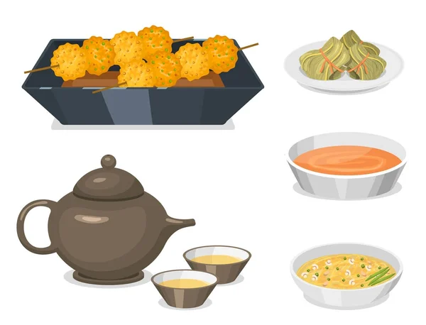 Tradição chinesa prato de comida deliciosa cozinha asiática jantar refeição china almoço cozido vetor ilustração — Vetor de Stock