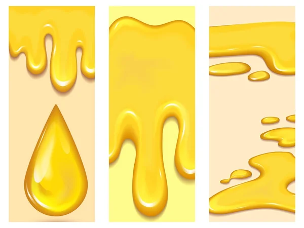 Jeu de gouttes de miel orange flayer brochure et cartes éclaboussures jaunes sirop sain nourriture dorée liquide goutte à goutte vecteur illustration . — Image vectorielle