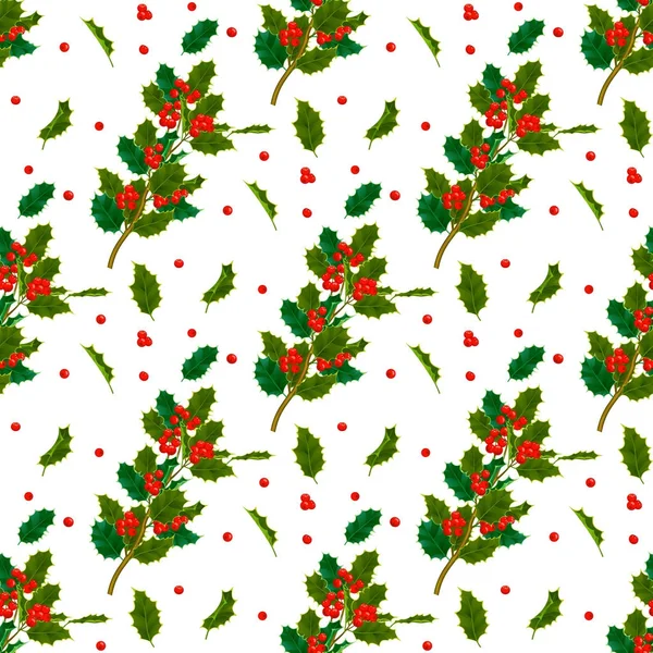 Weihnachten dekorative Blätter Stechpalme und Zweige mit roten Beeren immergrüne Winterblume Blumen Pflanze nahtlose Muster Hintergrund Vektor Illustration — Stockvektor