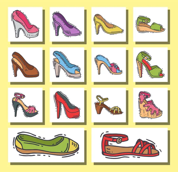 Womens schoenen platte vector hand getrokken ontwerpstijl van leder set gekleurde mocassins hak schoen illustratie. — Stockvector