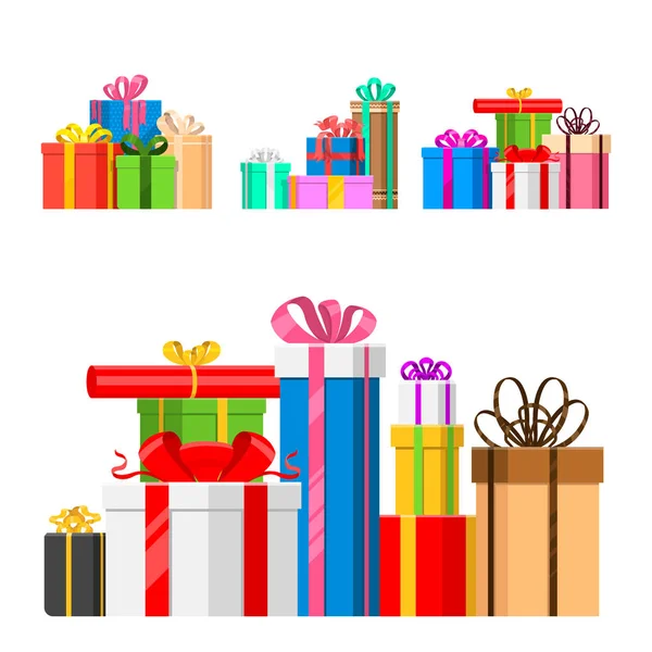Κουτιά δώρο πακέτο σύνθεση εκδήλωση χαιρετισμό αντικείμενο γενέθλια απομονώνονται σε λευκό διανυσματικά εικονογράφηση. — Διανυσματικό Αρχείο