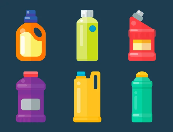 Flessen van huishoudelijke chemicaliën levert schoonmaak huishoudelijk werk kunststof wasmiddel vloeibaar binnenlandse vloeistof schonere pack vectorillustratie. — Stockvector