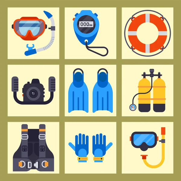 Set of flat elements for spearfishing diving underwater protective sea diver equipment vector professional hunter tools. — Stock Vector