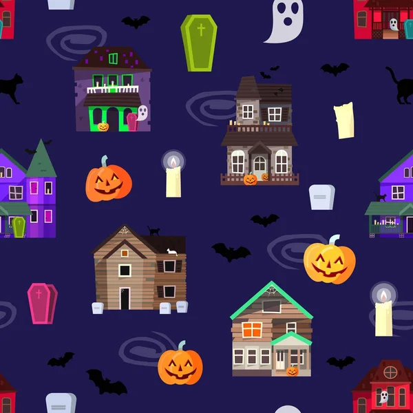 Vektor skrämmande skräck hus mörka slottet hem halloween skrämma spooky bakgrunden gamla läskiga hemsökta mysterium övergav svart windows och pumpor sömlösa mönster bakgrund — Stock vektor