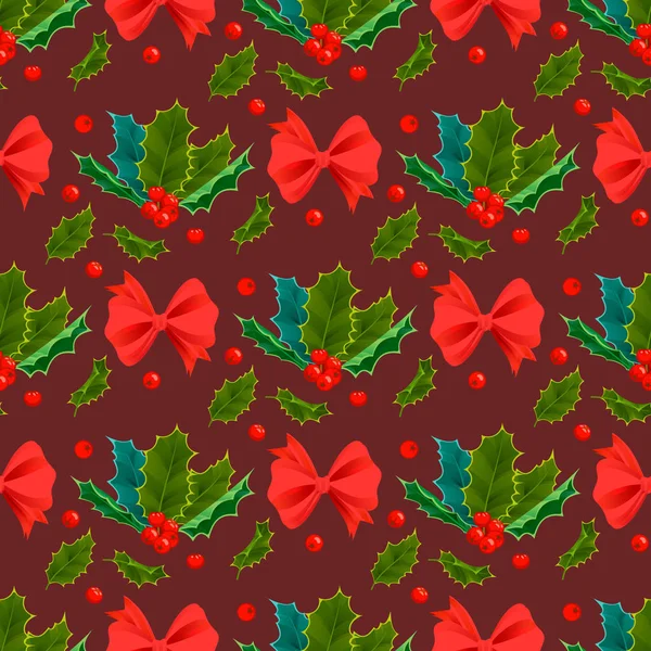 Weihnachten dekorative Blätter Stechpalme und Zweige mit roten Beeren immergrüne Winterblume Blumen Pflanze nahtlose Muster Hintergrund Vektor Illustration — Stockvektor