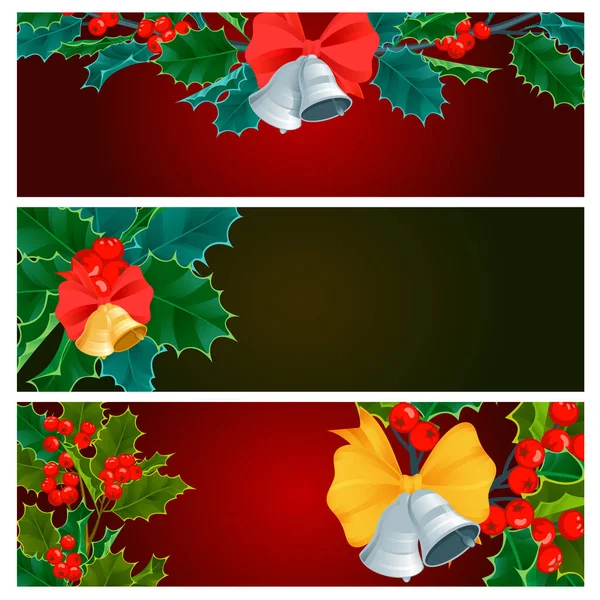 Weihnachten dekorative Beere Blätter Stechpalme Zweige Karten mit roten Beeren immergrüne Winterblume Blumen Pflanzenvektor Illustration — Stockvektor