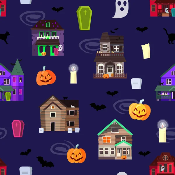 Vector enge horror huis donkere kasteel huis halloween schrikken spooky achtergrond oude griezelig achtervolgd mysterie verlaten zwarte ramen en pompoenen naadloze patroon achtergrond — Stockvector