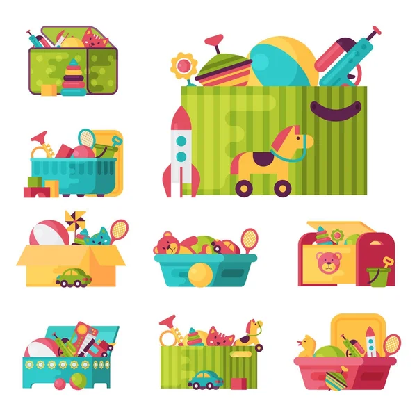 Juguetes de niño completo en cajas para niños jugar niñez bebé contenedor vector ilustración — Vector de stock