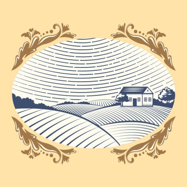 Retro manzara vektör illüstrasyon çiftlik evi tarım grafik kırsal manzara antika çizim.