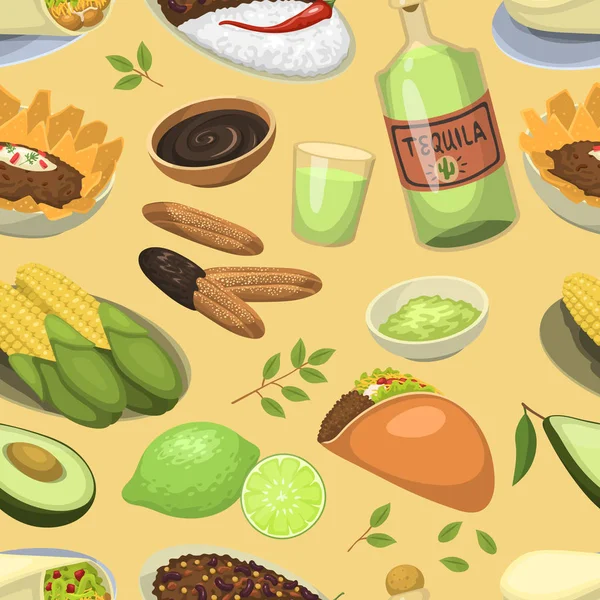 Mexicaans eten van de traditionele maaltijd platen lunch saus mexico keuken vector illustratie naadloze patroon achtergrond — Stockvector