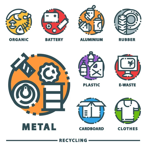 Recyklace odpadků prvky odpadky pytle pneumatiky řízení průmyslu využít odpad může vektorové ilustrace. — Stockový vektor