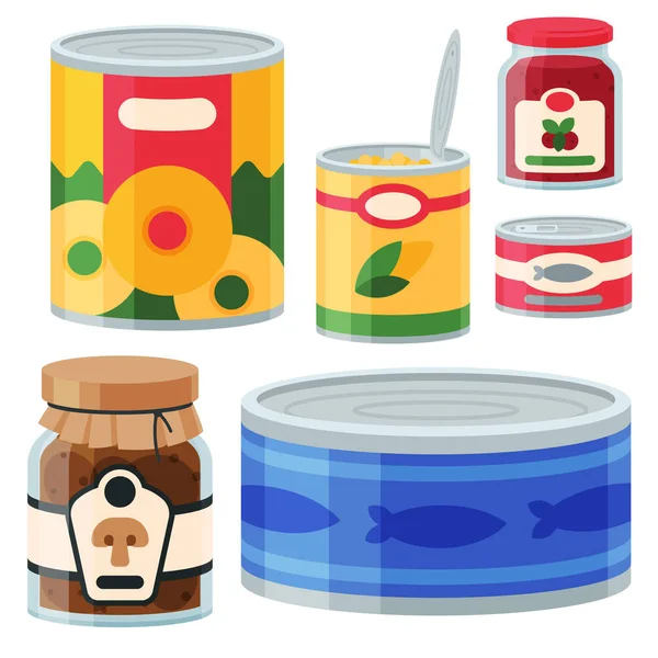 Συλλογή από διάφορα δοχεία κονσερβοποιημένα αγαθά τροφίμων μέταλλο και γυαλί κοντέινερ διανυσματικά εικονογράφηση. — Διανυσματικό Αρχείο