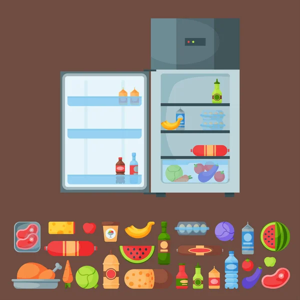 Frigorifero cibo biologico stoviglie utensili domestici frigorifero elettrodomestico congelatore vettoriale illustrazione . — Vettoriale Stock