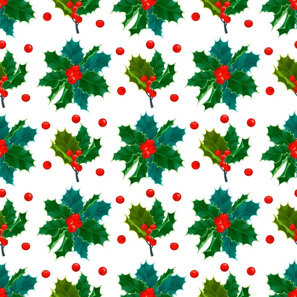 Weihnachten dekorative Blätter Stechpalme und Zweige mit roten Beeren immergrüne Winterblume Blumen Pflanze nahtlose Muster Hintergrund Vektor Illustration — Stockvektor