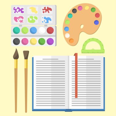 Okul çocuk sabit eğitim Aksesuar öğrenci defter vektör çizim malzemeleri.