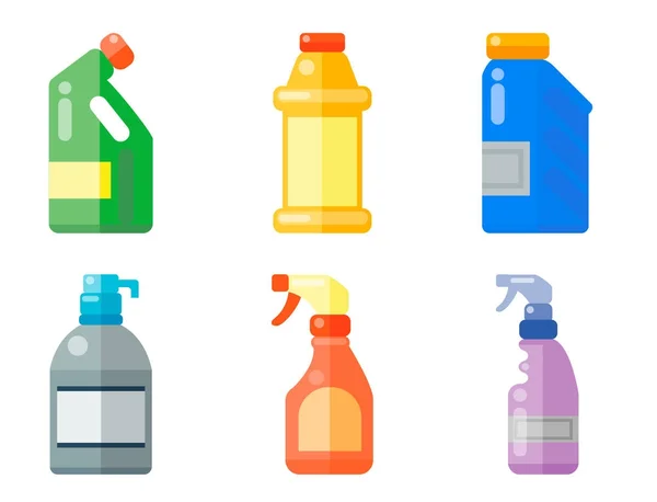 Botellas de productos químicos para el hogar suministros limpieza tareas domésticas detergente plástico líquido líquido líquido limpiador paquete vector ilustración . — Vector de stock