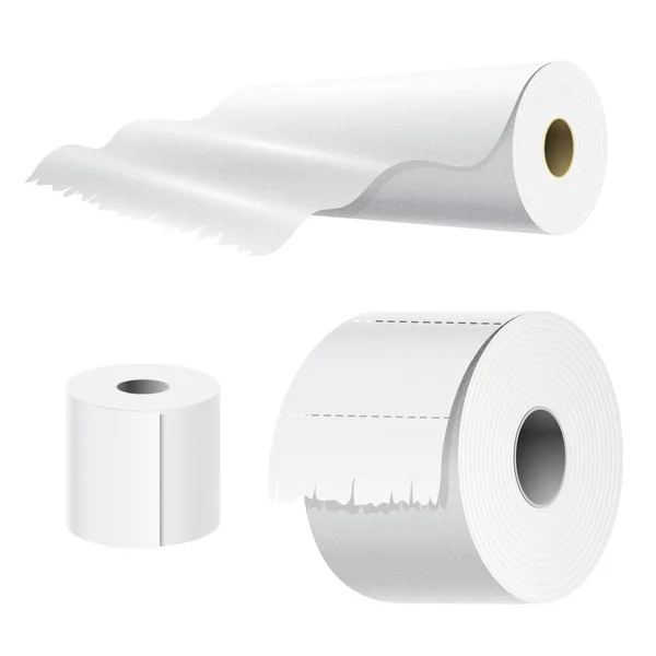 Realistico rotolo di carta mock up set isolato vettore illustrazione bianco 3d imballaggio modello di asciugamano da cucina — Vettoriale Stock