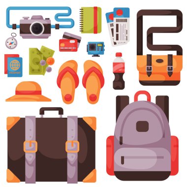 Seyahat zaman yaz tatil vektör Aksesuar düz stil ile seyahat ve Turizm kutsal kişilerin resmi.