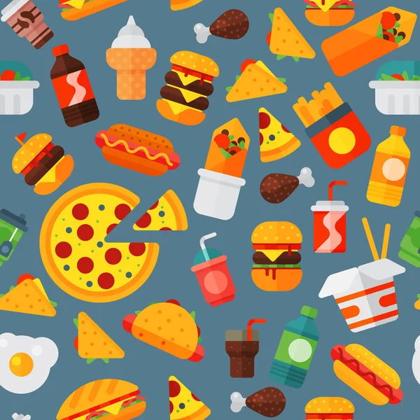 Fast food icônes restaurant savoureux cheeseburger viande et illustration vectorielle de repas malsain fond de modèle sans couture — Image vectorielle