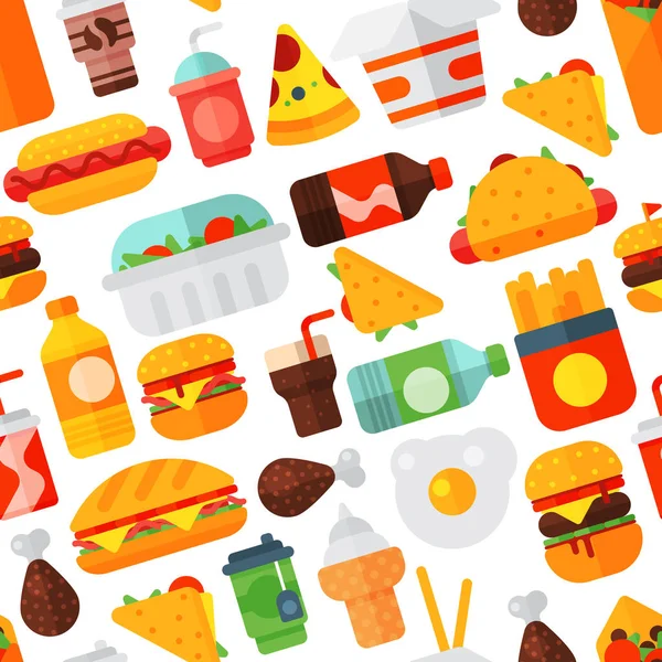 Fast food icons restaurant tasty cheeseburger meat and unhealthy meal vector illustration seamless pattern background