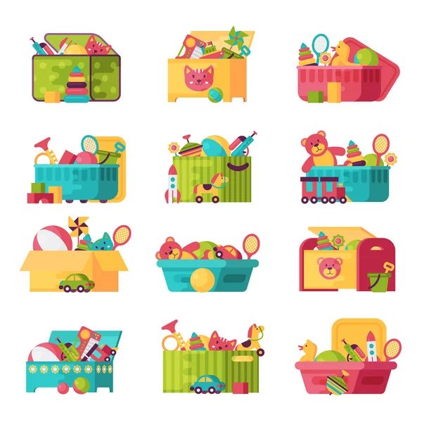 Juguetes de niño completo en cajas para niños jugar niñez bebé contenedor vector ilustración — Archivo Imágenes Vectoriales