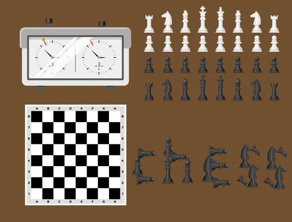 Schackbräde och Chessmenna fritid konceptet knight grupp vit och svart bit konkurrens vektorillustration — Stock vektor