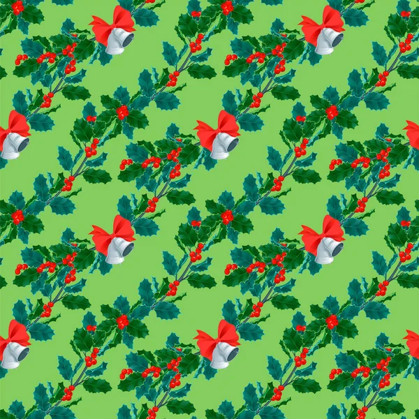 Navidad hojas decorativas acebo y ramas con bayas rojas hoja perenne flor de invierno planta floral patrón inconsútil fondo vector ilustración — Vector de stock