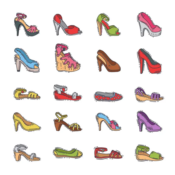 Womens schoenen mode vector hand getrokken ontwerpstijl van leder set gekleurde hak schoen illustratie. — Stockvector