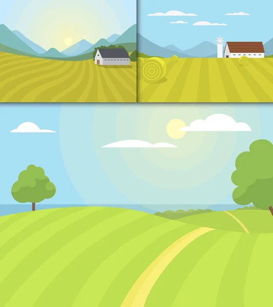 Gambaran vektor desa menggambarkan pertanian rumah pertanian pertanian pedesaan grafis - Stok Vektor