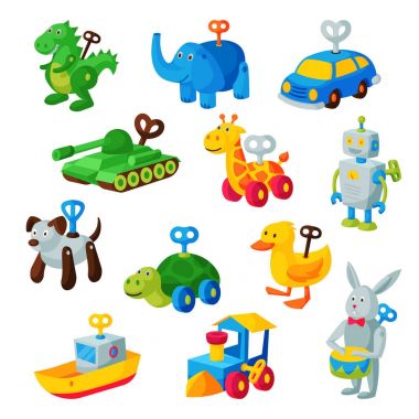 Clockwork oyuncak anahtar vektör mekanik oyun odası toyshop mekanizması çocuklar hayvan saat araba, tren, robot illüstrasyon izole beyaz arka plan üzerinde