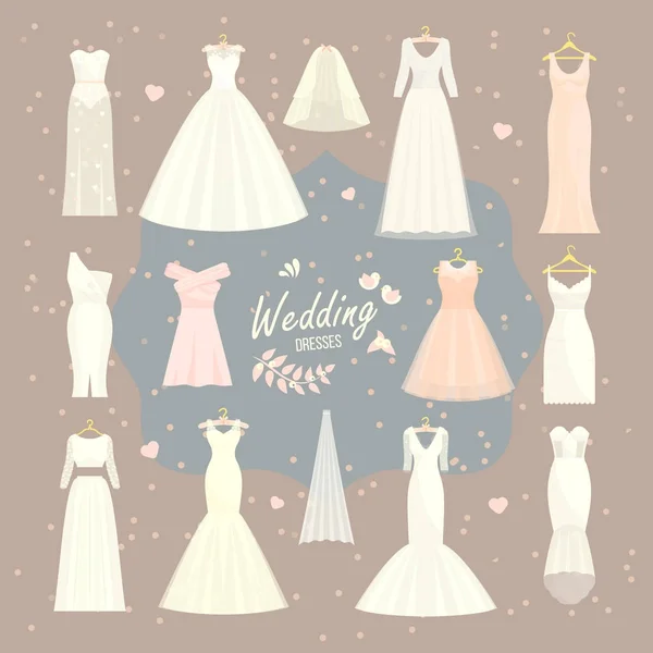 Свадебные платья векторный набор невесты и подружки невесты белый одеваются аксессуары свадебный душ празднование и свадебные платья моды изолированные иллюстрации . — стоковый вектор