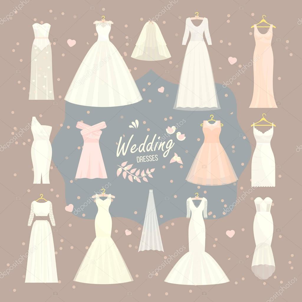 Wedding dresses vector set bride and bridesmaid white wear dressing accessories bridal shower celebration and marriage dressy fashion isolated illustration.