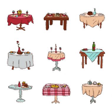Dining tables in restaurant vector set lunch dinner date in cafe with glasses of wine Italian pizza Chineese food Oriental cuisine illustration isolated on white background clipart