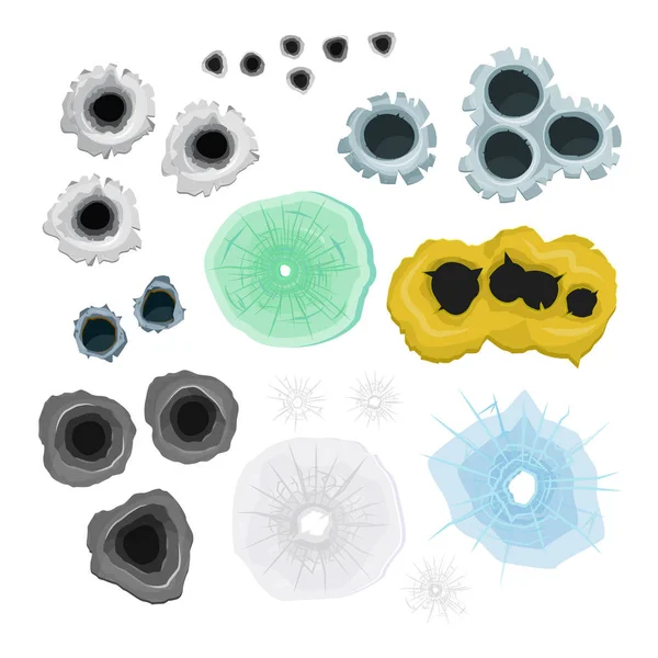 Buraco de bala de tiro vetor definido tiro de arma em metal furado alvo crack ilustração isolada no fundo branco —  Vetores de Stock
