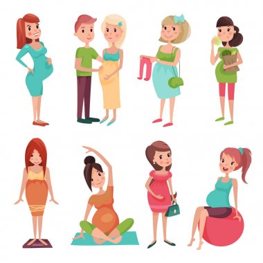 Hamile kadın yoga spor egzersiz pratik vektör çizim sevimli kız karakter.