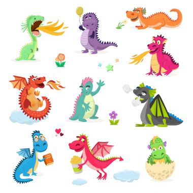 Dragon karikatür vektör şirin yusufçuk dino karakter bebek dinozor çocuklar fairytale dino illüstrasyon izole beyaz arka plan üzerinde için